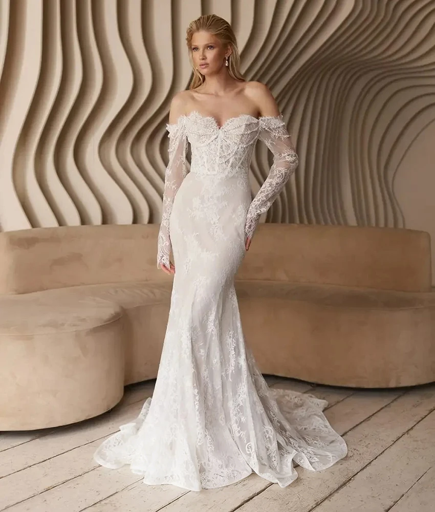 

Lzhk Customized Exquisite Lace Mermaid Off the Shoulder Pearls Beading Evening Dress Delicate Sweetheart Women Wedding Gowns