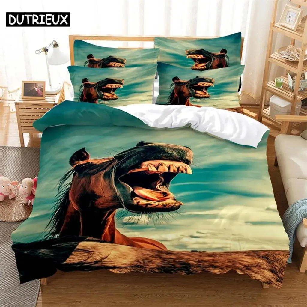 Horse Bedding 3-piece Digital Printing Cartoon Plain Weave Craft For North America And Europe  Bedding Set Queen