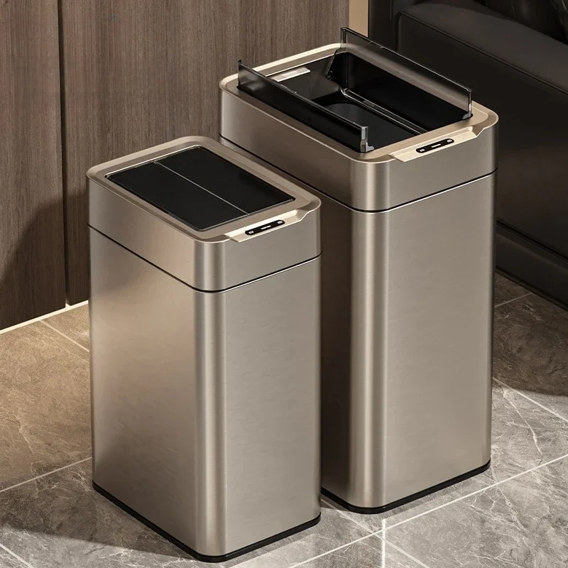 Stainless Steel Inductive Trash Can Waterproof Blockade Odor Waste Bin Saving Space Stable Thick Modern Household Cleaning Tool