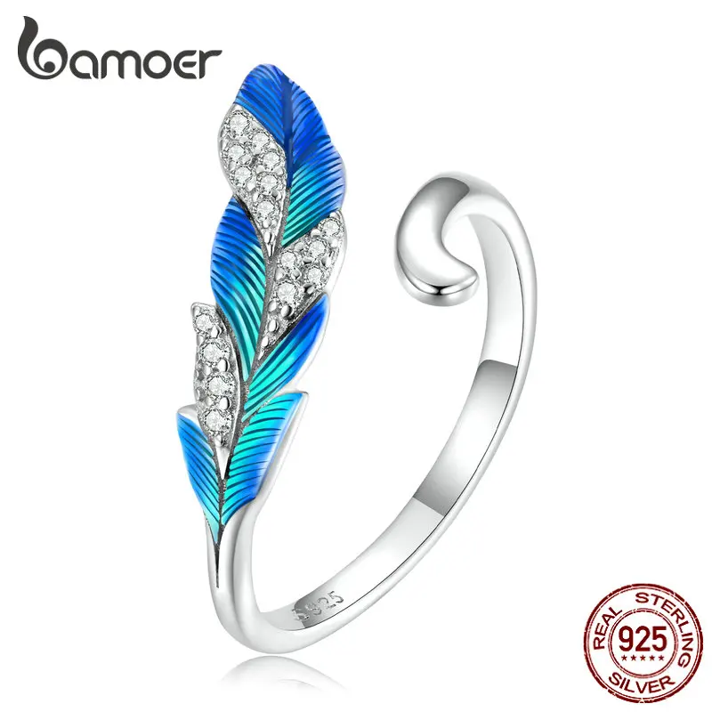 Bamoer 925 Sterling Silver Dazzling Blue Feather Open Ring Pave Setting CZ for Women Birthday Gift Chic Fine Jewelry BSR301