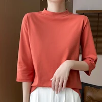 Camiseta 100% de algodón para mujer, Top holgado de Color sólido con mangas recortadas y cuello semialto, novedad de verano y otoño