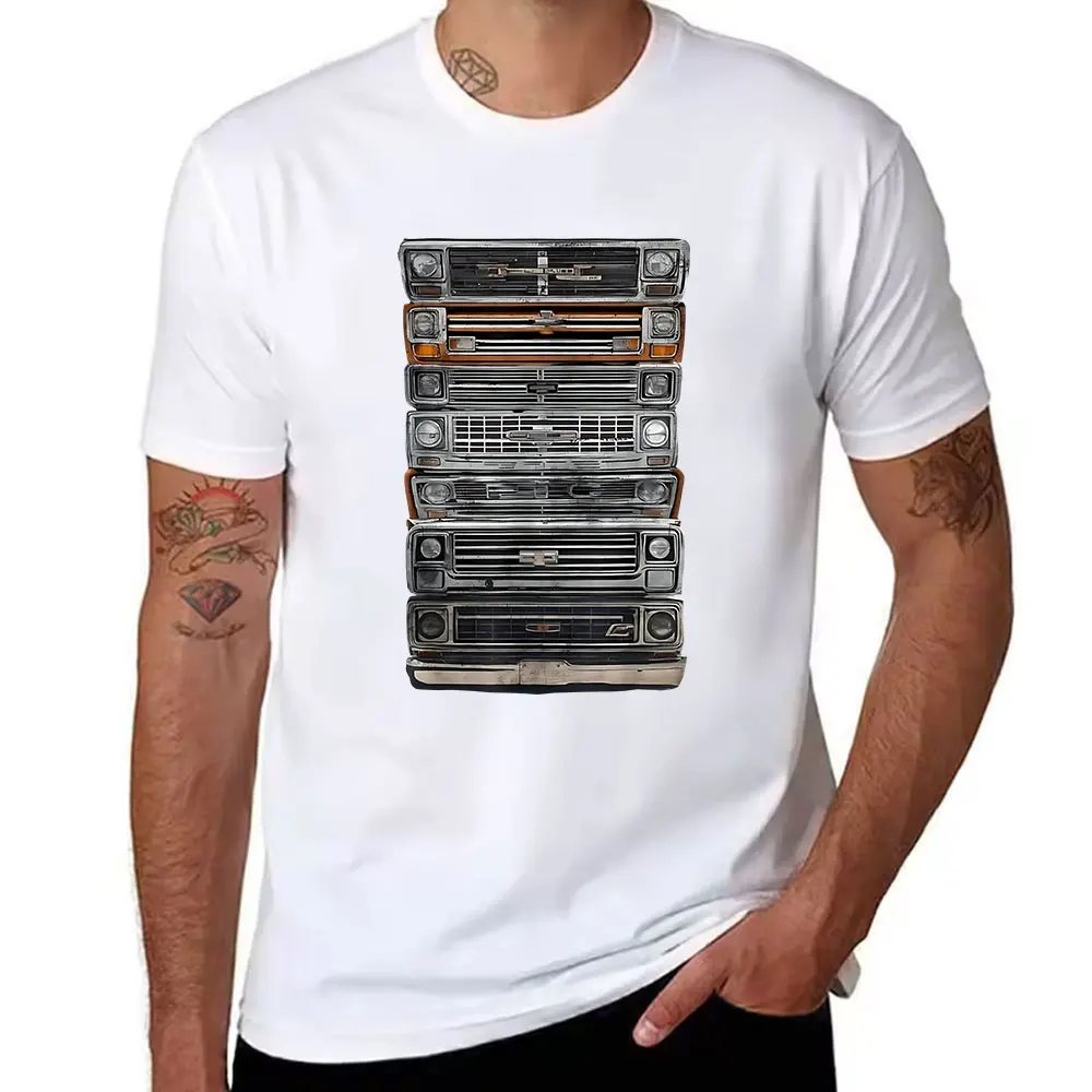 Vintage Truck Grilles Grafik-Baumwoll-T-Shirt für Herren, Retro Automotive Front End Design Lässiges Kurzarm-T-Shirt, Classic Car Ent
