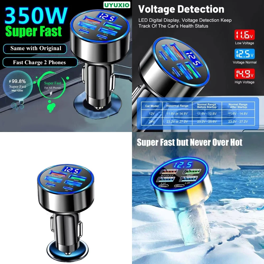 Fast Car Charging Socket PD 3.0 Fast Charging Dual PD Quad USB for iPhone 15 14 13 Samsung S23 Ultra LED Screen Voltage Meter