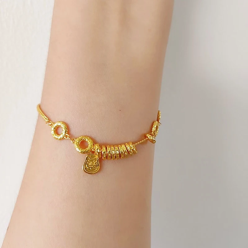 Luxury 9999 Gold Jewelry Bracelet Female Doughnut Wrapping Chinese China-Chic Style Small Crowd Wealth Seeking Cat String