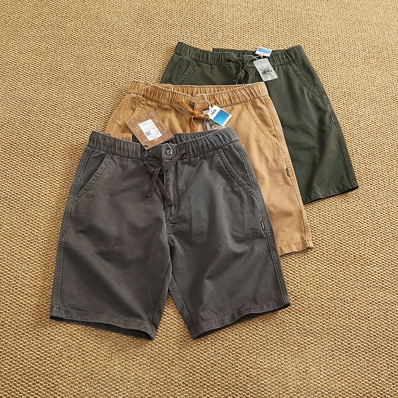 2025 Summer New America Retro Woven Elastic Waist Drawstring Shorts Men's 100% Cotton Washed Straight Casual Loose 5-point Pants