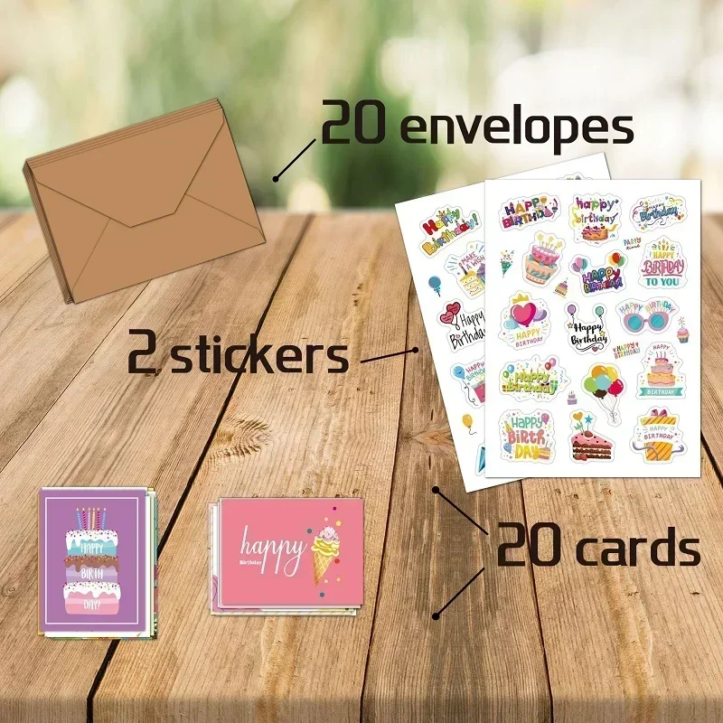 20Pcs Happy Birthday Greeting Card Blank Folding Card With Envelope Stickers DIY Message Card Birthday Party Invitation Cards