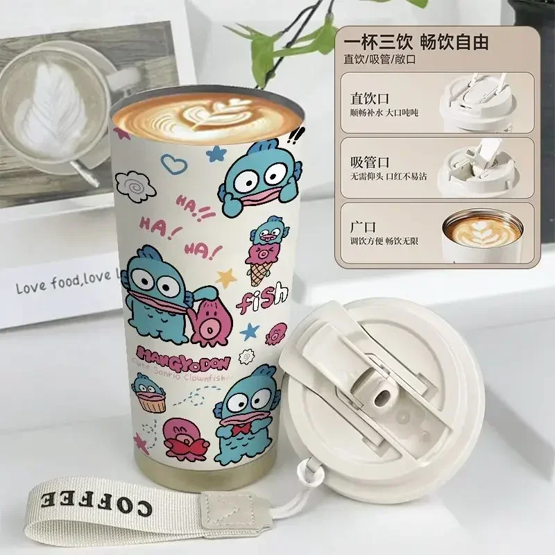 

Sweet Hangyodon Anime Sanrio Ins Kawaii Students Large Capacity Coffee Water Cup Cute Cartoon Thermos Cup Gifts for Kids