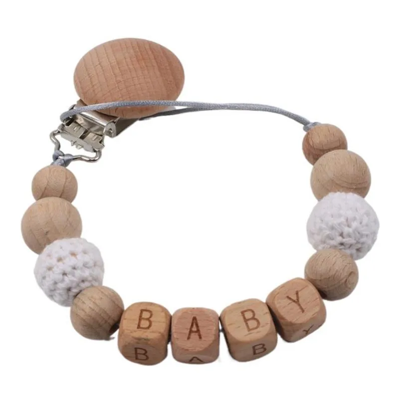 Handgemachte personalisierte Name Holz Baby Schnuller Clip Häkelperlen Schnullerkette Halter Baby Safe Beißring