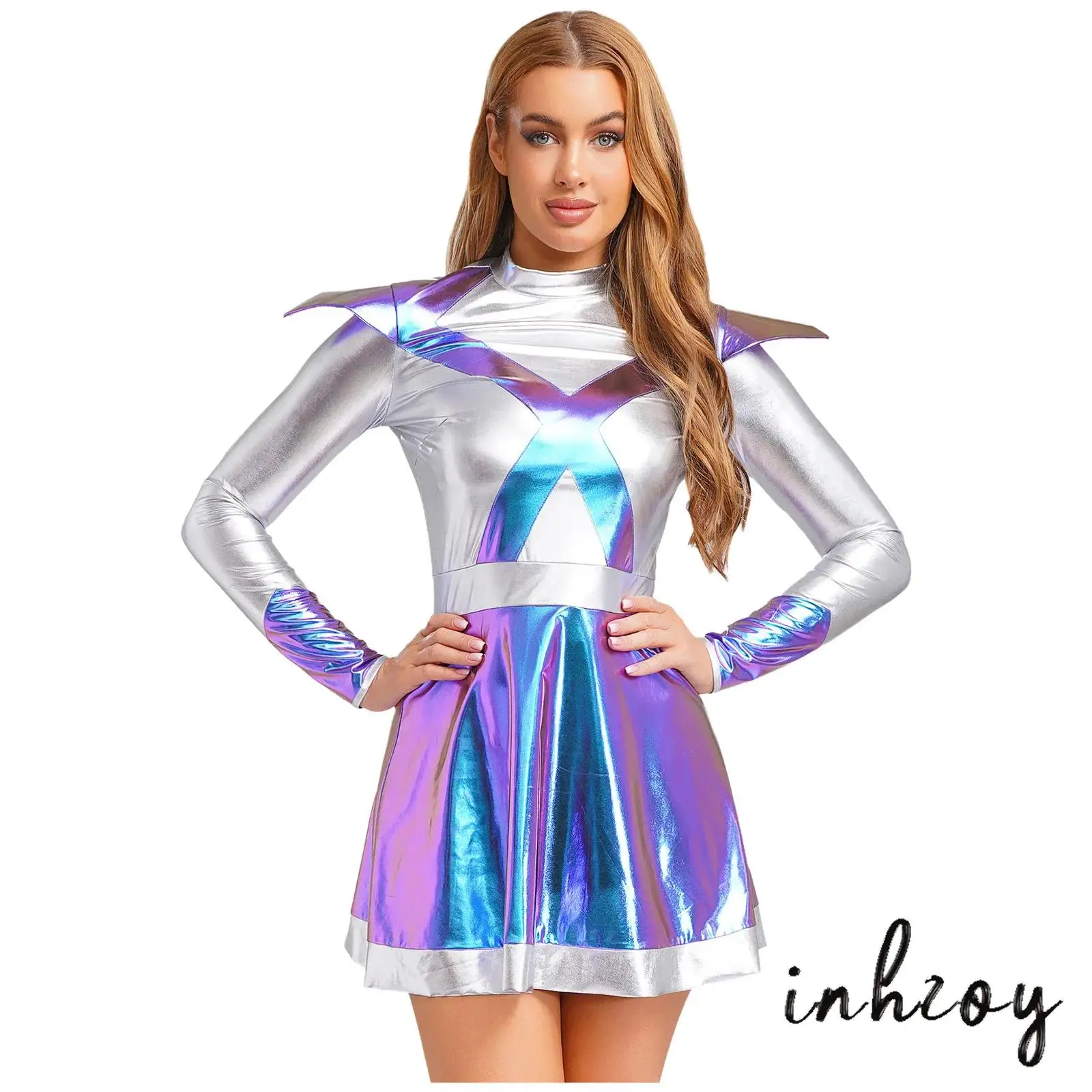 

Womens Astronaut Cosplay Dress Flap Contrast Color Metallic Shiny A-line Dress Alien Space Warrior Dress for Halloween Party