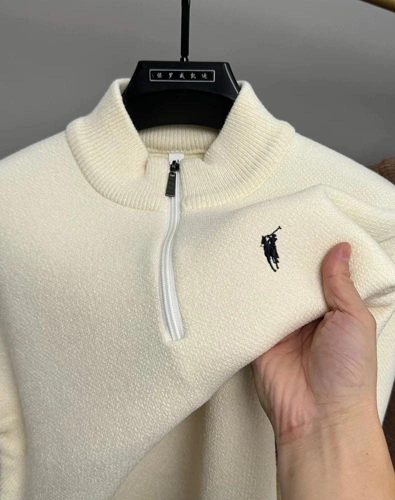 

High end brand exquisite pony embroidered sweater men's comfort knitting casual luxury Paul new zipper semi high neck pullover