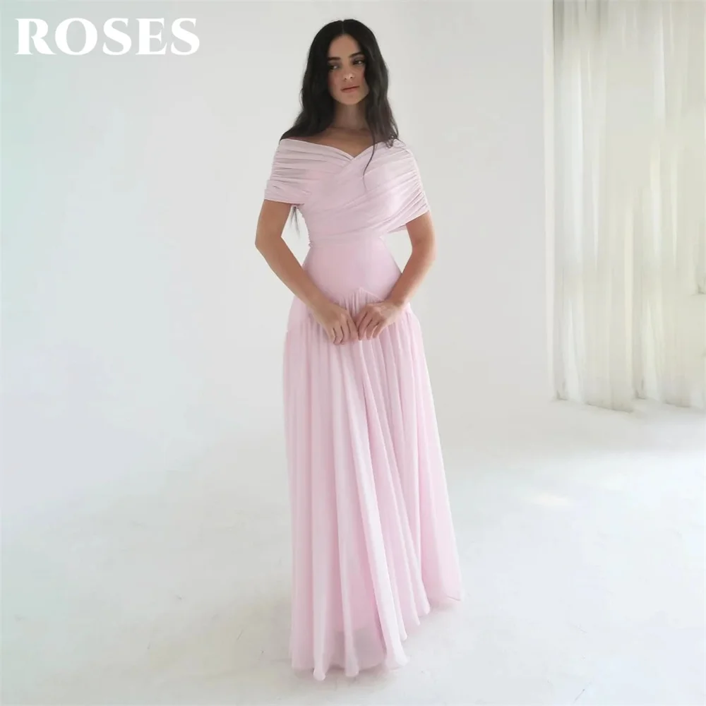 

ROSES Blush Pink Evening Dresses Off the Shoulder Short Sleeve Party Dresses A Line Chiffon Prom Gown robes du soir Customized