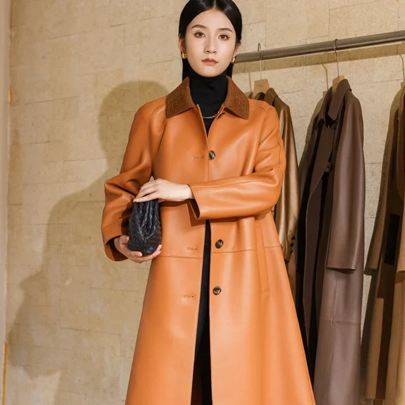 Autumn Winter 2022 New High End Double Sided Real Sheepskin Windbreaker Trench Coat Women\'s Mid Long Yellow Leather Jacket FCY