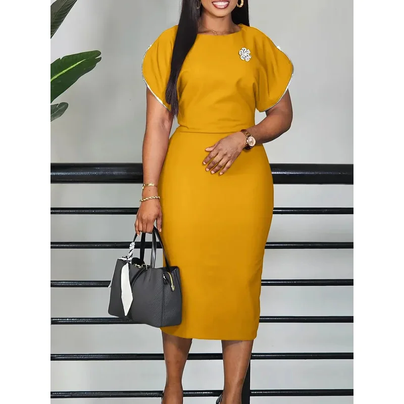

Plus Size Dress for Women, Elegant Short Sleeve Evening Dress for Office, Summer Novelty, Stretchy with Brooch, High Waist, Mid-