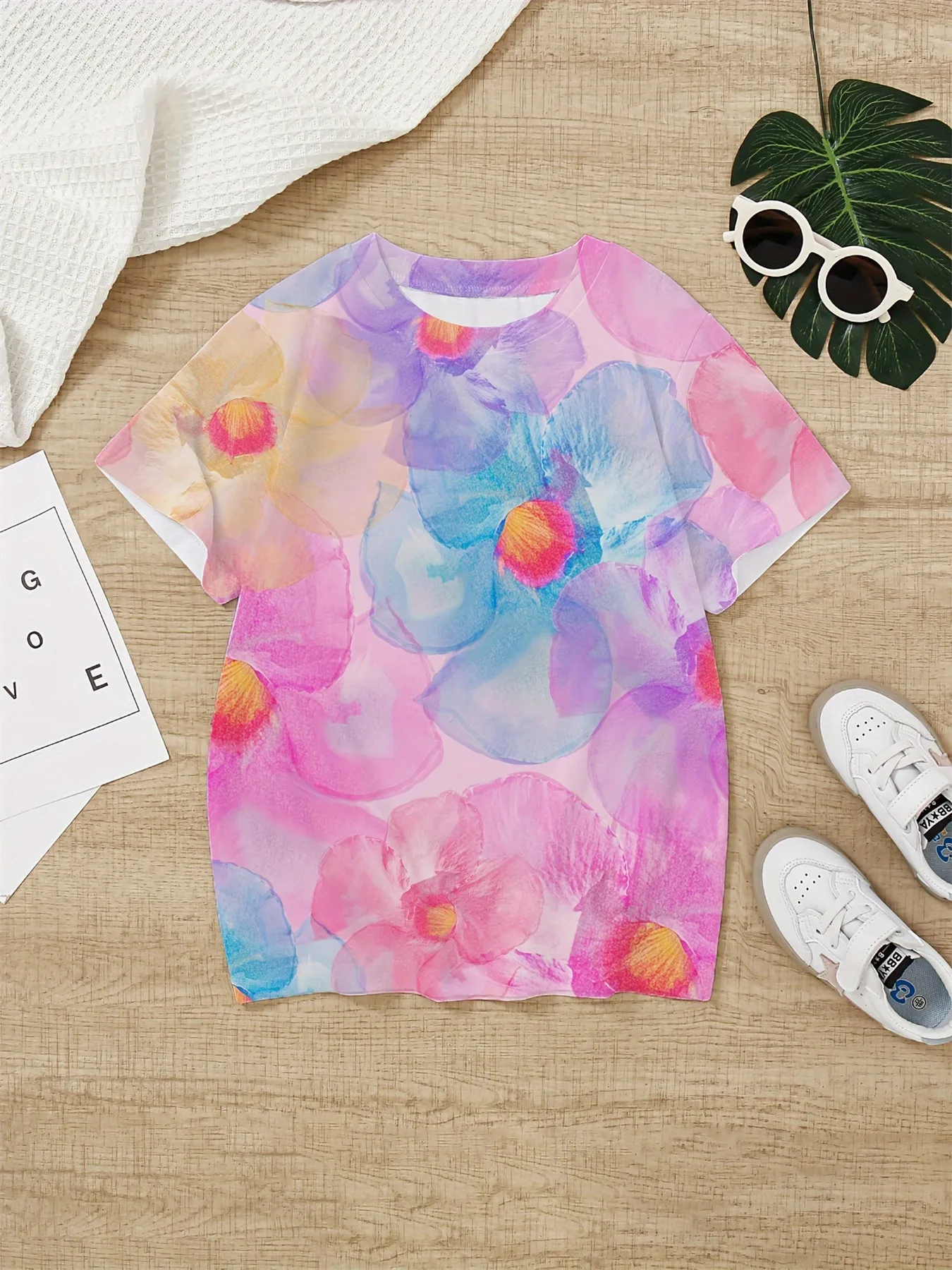 Girl Clothes Tie Dye Flower Print Graphic T Shirts Short Sleeve T-Shirt Round Neck Tops Crew Neck One Piece Summer Children Top