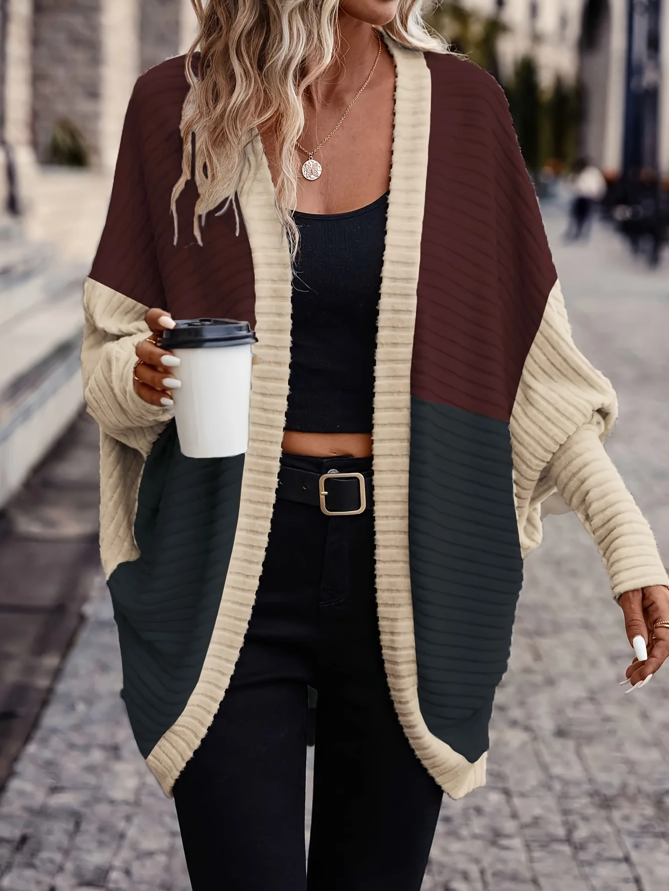 

Women's Color Block Knit Cardigan - Loose Batwing Sleeve Open Front Sweater Coat Casual Outerwear