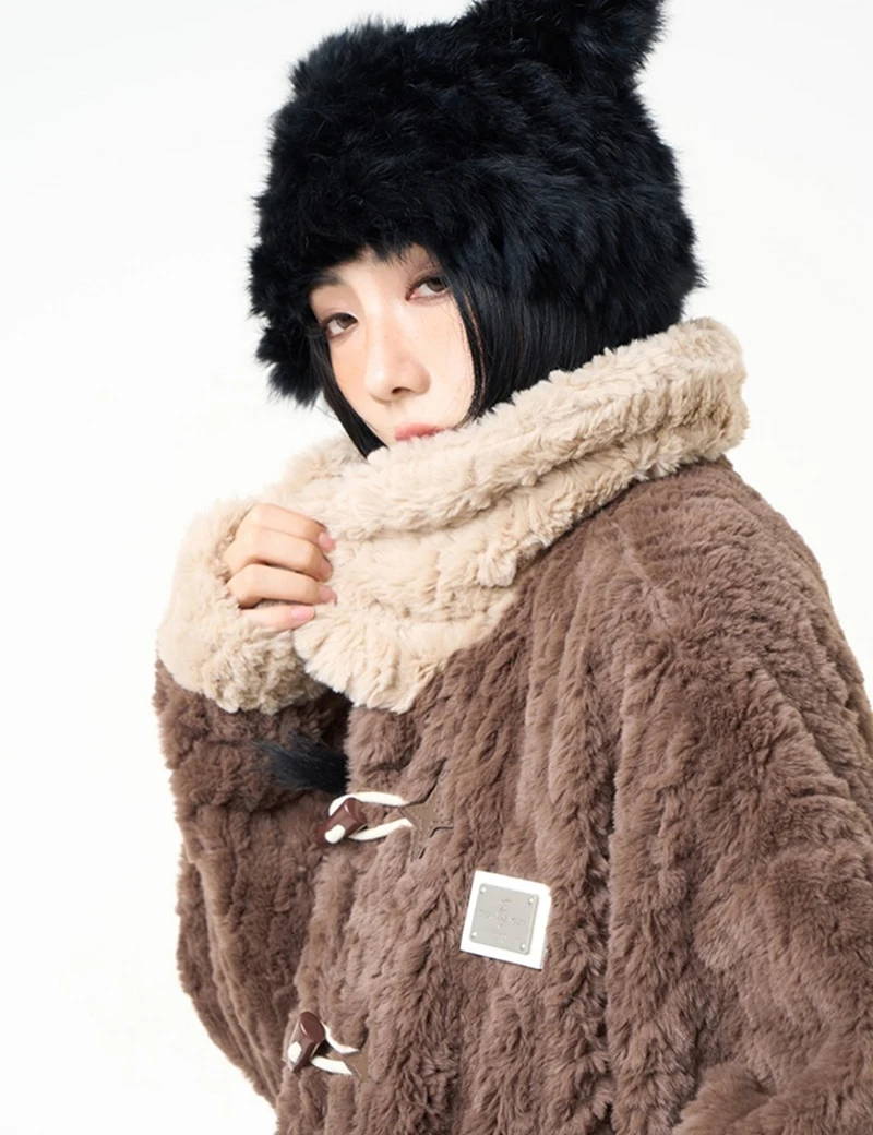 Chic Brown Women Shearling Jacket Toggle Button Coat Contrast Collar Loose Cozy Preppy Streetwear Winter Outerwear Top