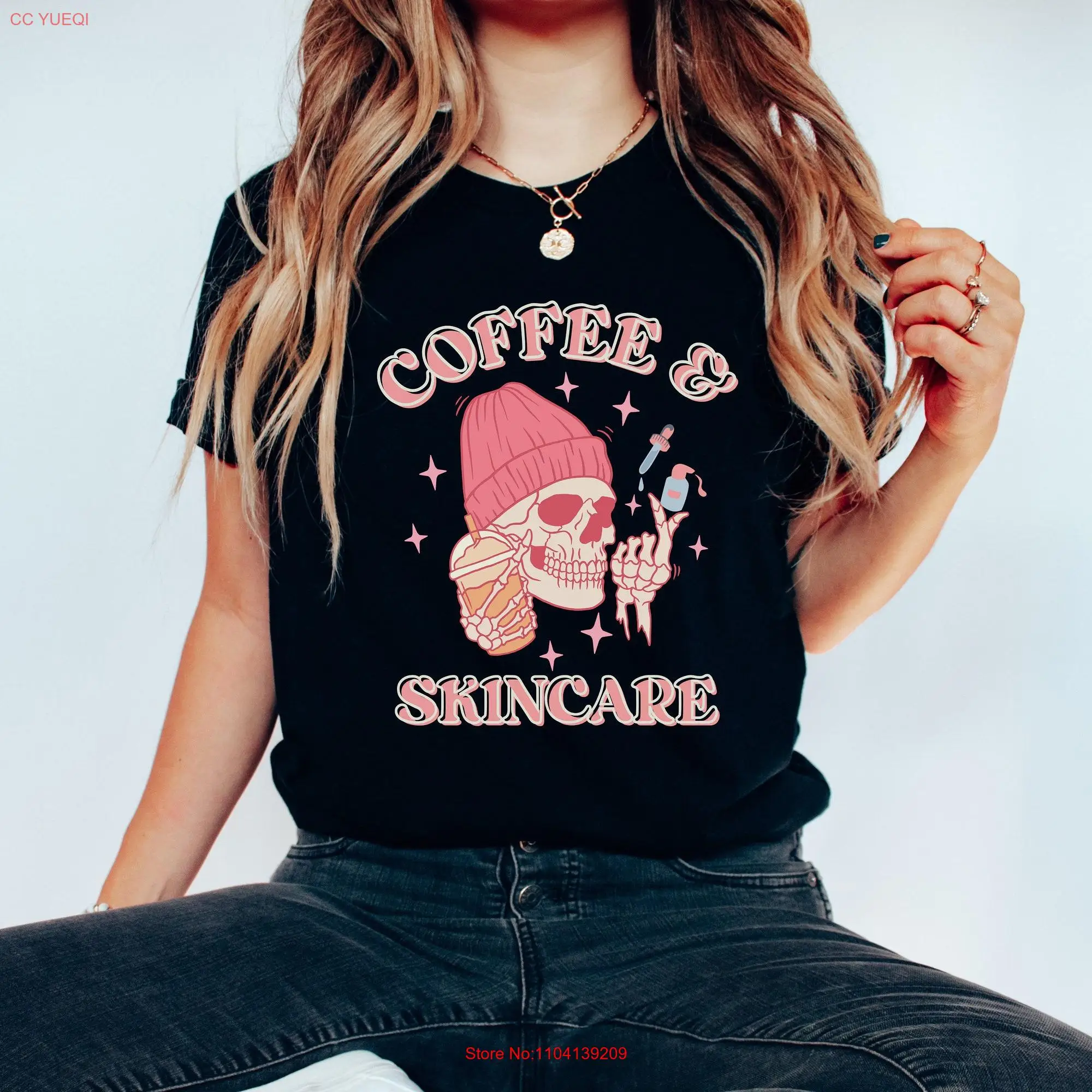 Funny Esthetician T Shirt Nurse Injector Skeleton Dermatologist Skin Therapist Cosmetic RN Skincare and Coffee