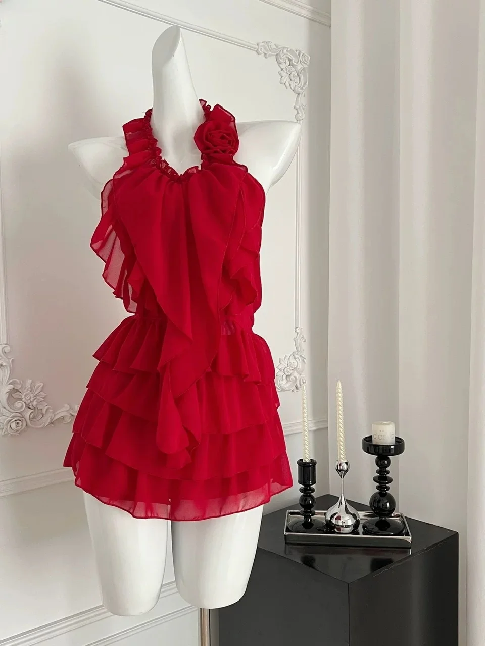 

Summer Unique Red Sexy Bal Svel Ne Hanging Beach Vaion Sle Women's Puffy Dr Cake Skirt ort Pure Color