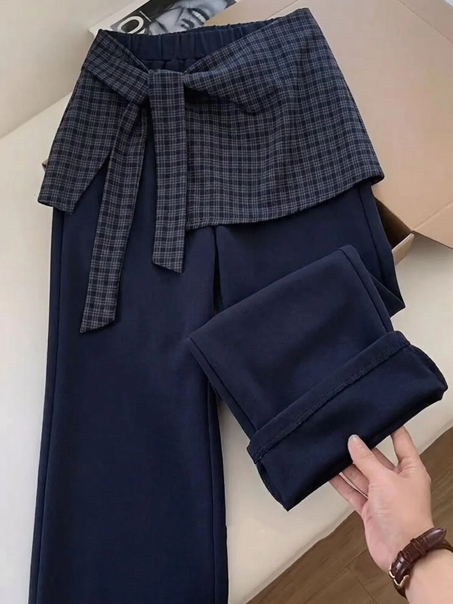 

Retro Plaid Wide Leg Pants Fake Two-Piece High Waist Loose Casual Pants Spring Lazy Feel Long Pants Slimming Versatile