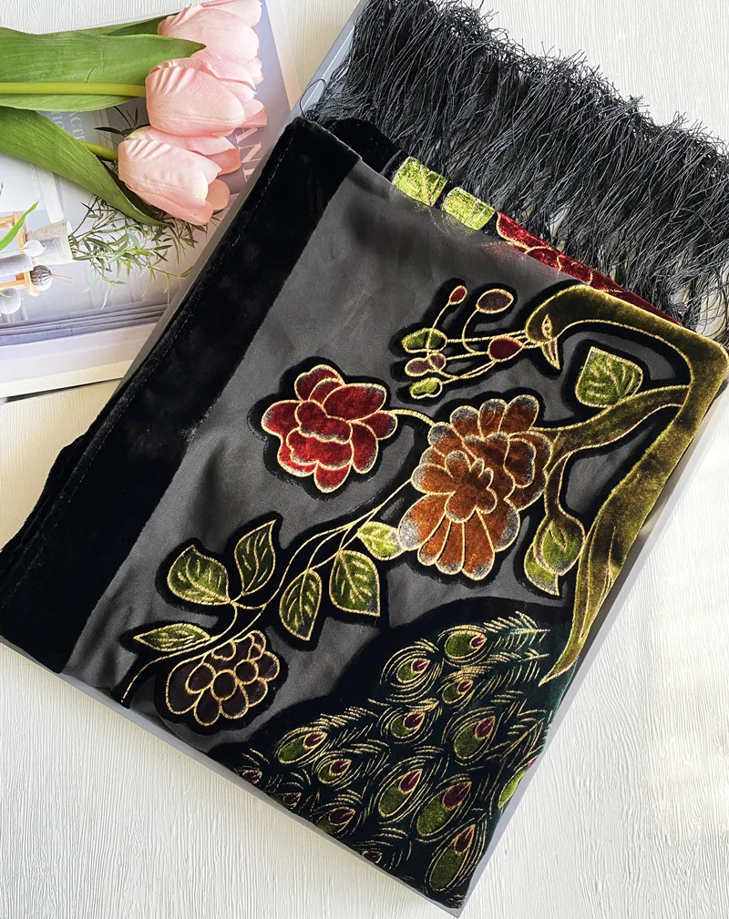 Hot Sale Black Chinese Women\'s Velvet Silk Shawl Scarf Wrap Scarves Peafowl WS006-C