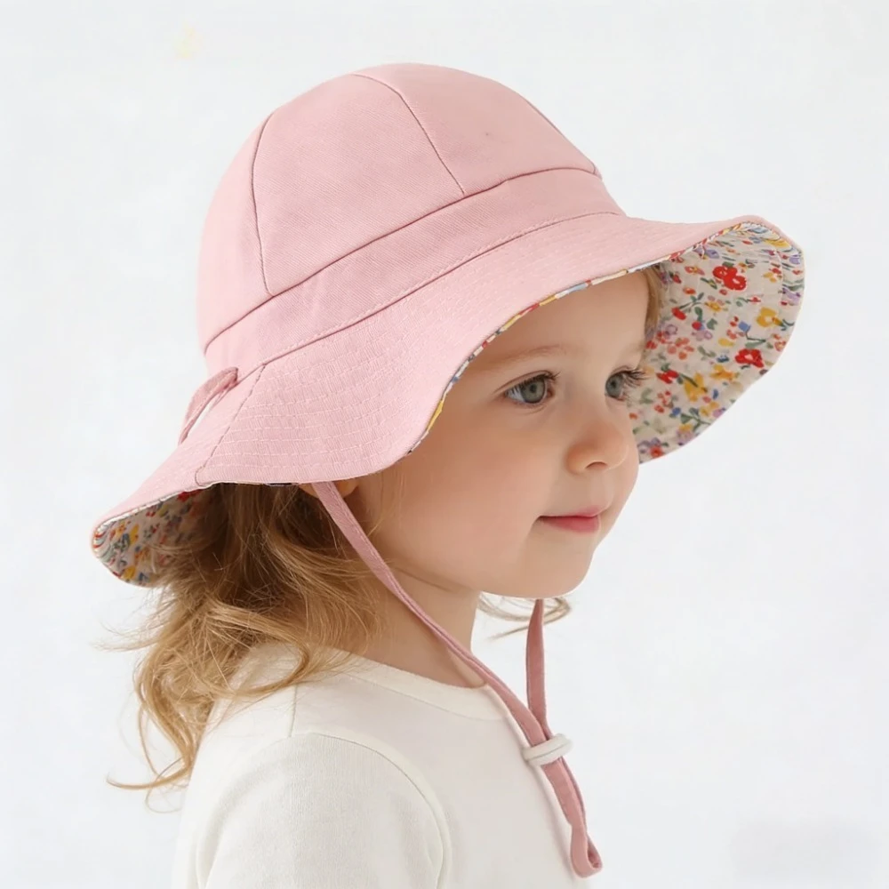 Baby Cotton Bucket Infant Fisherman Cap Toddler Baby Hats 50cm for Girls Summer Spring Cute Sun Protection with Flap Reversible