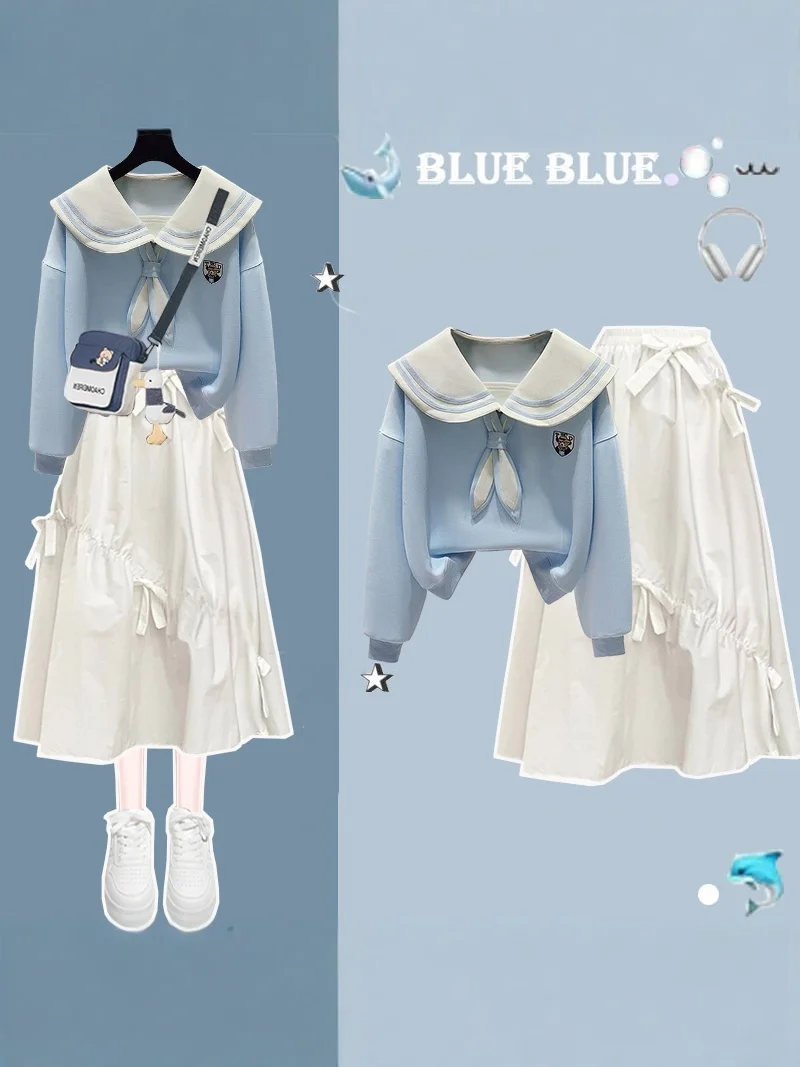 

Spring Autumn Navy Collar Outfit for Girls Student School Uniform Style Fairy Half Skirt Set Korean College Fashion Short Sleeve