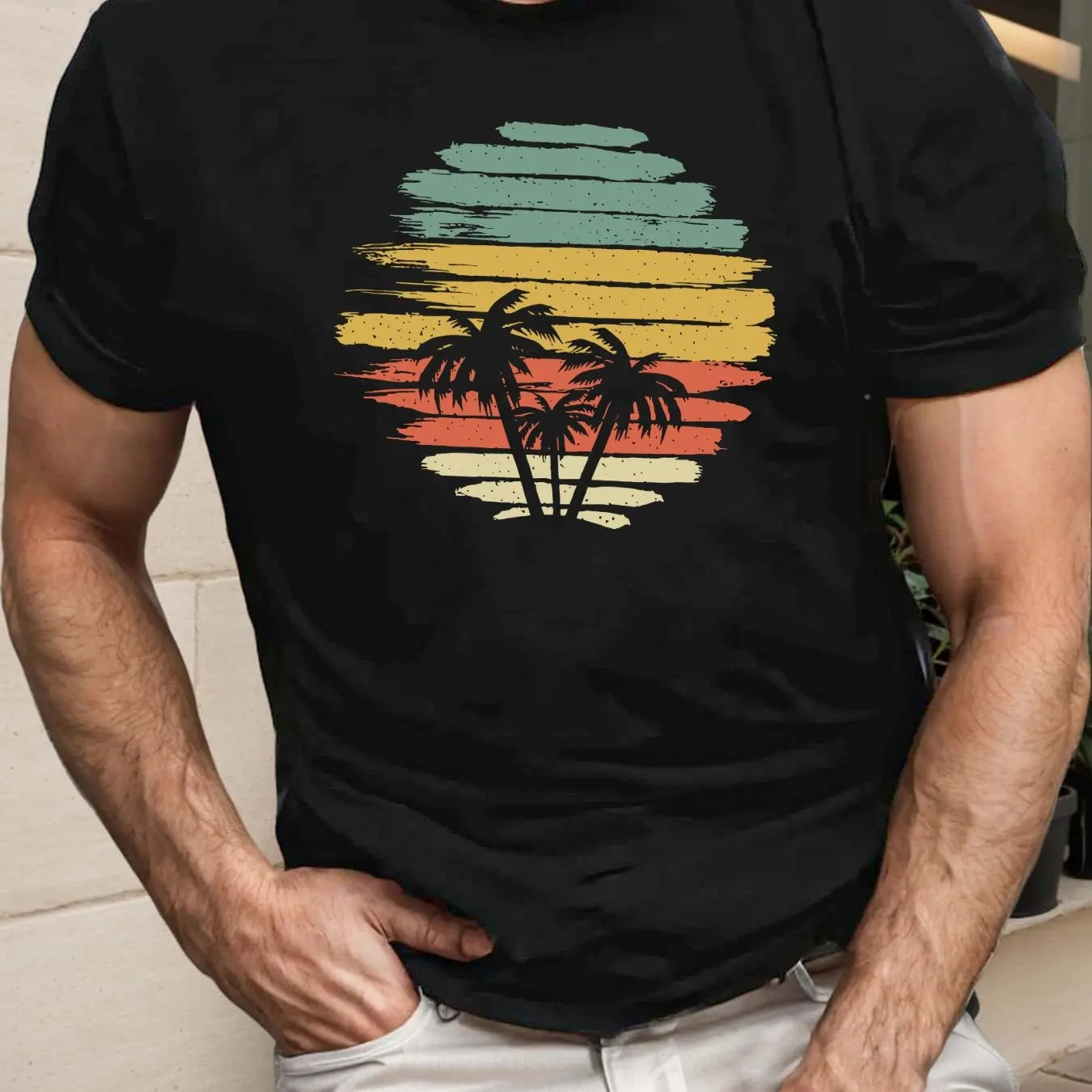 الرجال عارضة قصيرة الأكمام تي شيرت الحد الأدنى شجرة جوز الهند الرسم كتلة المشارب تنفس الصيف جولة الرقبة المحملة الرجال الملابس #1