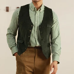 Men's Vest Army Green Corduroy Tweed V Neck Retro Tooling Waistcoat Male Gentleman Business Waistcoat Steampunk Clothing Vest