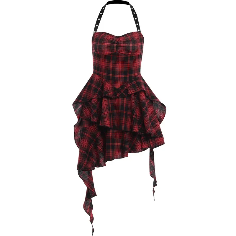 Pop vermelho feminino punk grunge em camadas halterneck xadrez mini vestido fora do ombro bainha irregular y2k e-girl streetwear