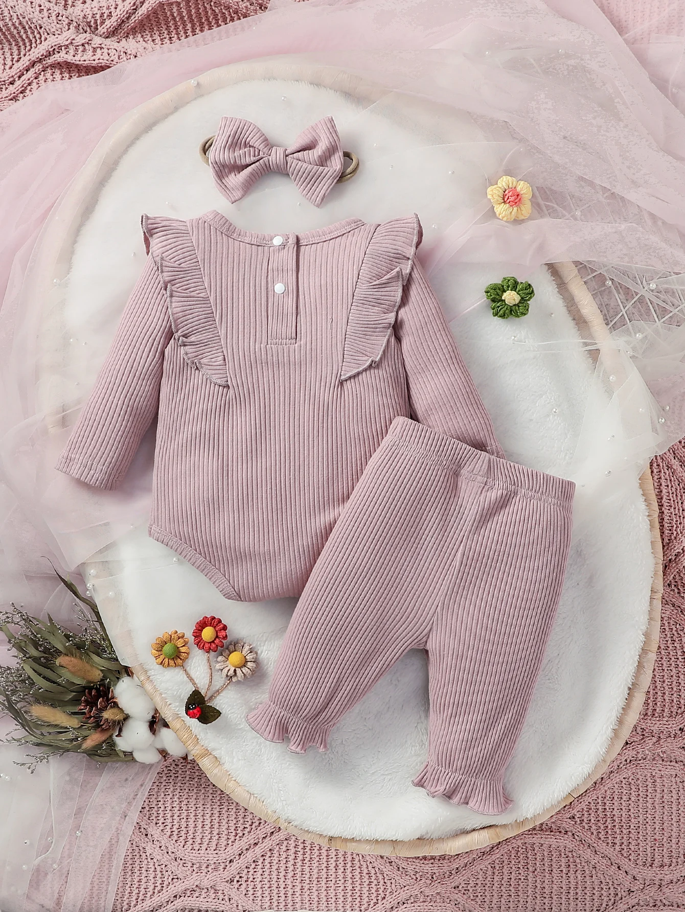 Baby Girls Full Sleeve Floral Pantsuit For Spring/Autumn Daily New Style Bobyset+Headband