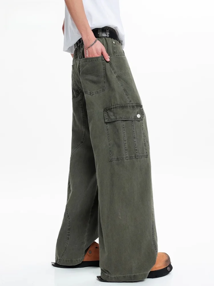 

Свободные прямые джинсы для рабочей одежды, мужские летние новые американские ретро широкие длинные брюки, мужские прямые хлопковые джинсовые джинсы