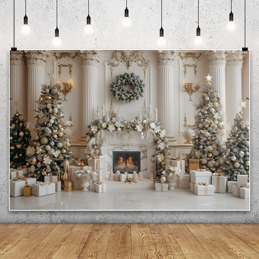 Christmas Party Backdrops for Photography Fireplace Xmas Tree Gift Family Baby Portrait Backgrounds Decor Photo Studio Shoots