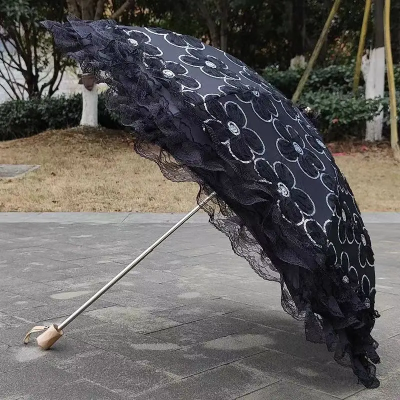 

Woman Lace Flower Sun Sunscreen Umbrella 2 3 Fold Black Coating Anti-UV Wind Resistant Parasol Rain-proof Luxury Female Gift