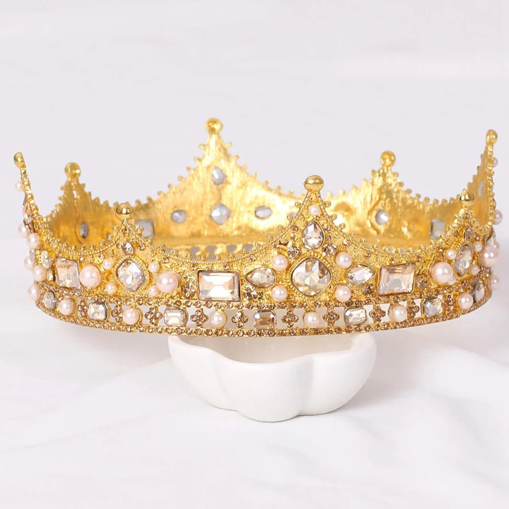 Koning Kroon Voor Mannen Kostuum Accessoire Prom Tiara Barok Vintage Kristallen Parel Bruids Bruiloft Tiara 'S (Goud)