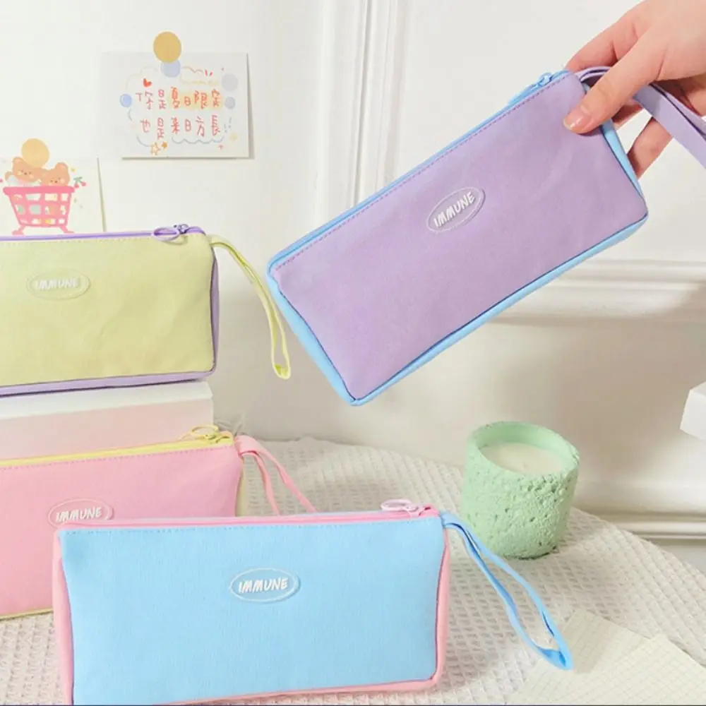 Large Capacity Macaron Color Pen Cases Portable Handle Design Spacious Stationery Storage Bags Fashion Canvas Pencil Pouches