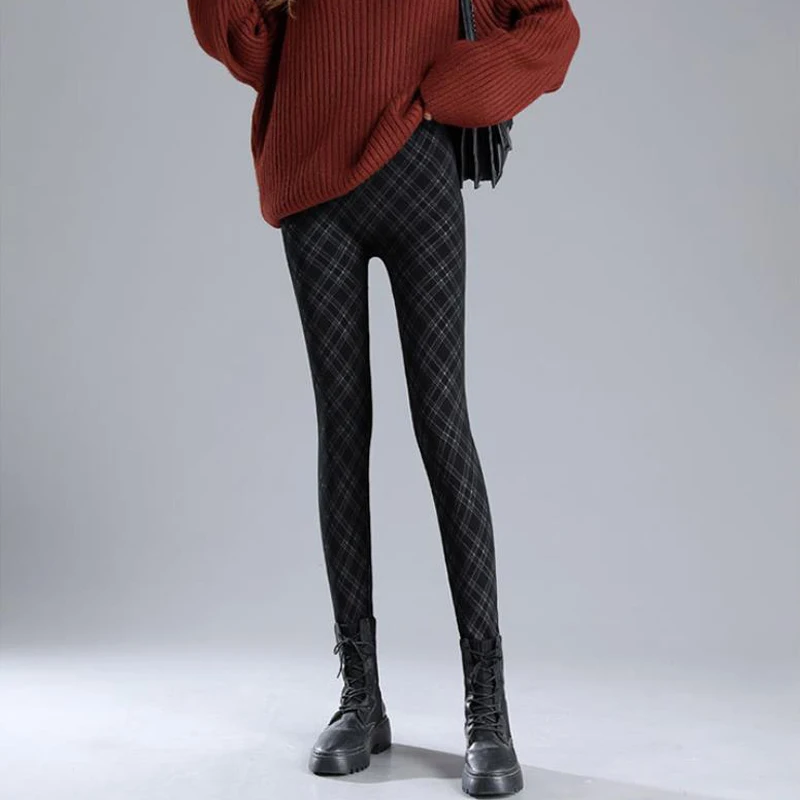 Fashion Retro Plaid Women\'s Leggings Lolita Spice Girl Versatile Diamond Stripe High Elastic High Waist Outerwear Pencil Pants