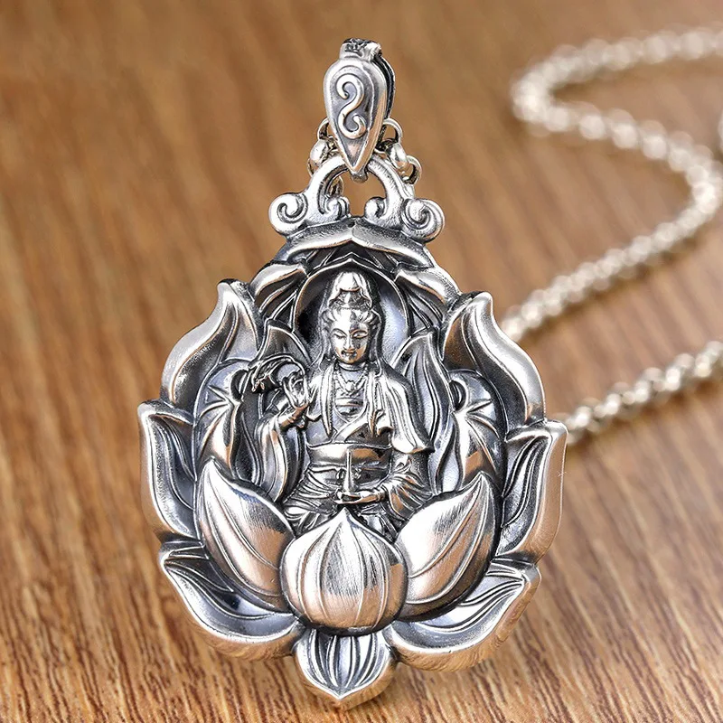 New Premium Silver Color Water Dropping Guanyin Bodhisattva Pendant Necklace Buddha Statue Pendant Men\'s and Women\'s Jewelry