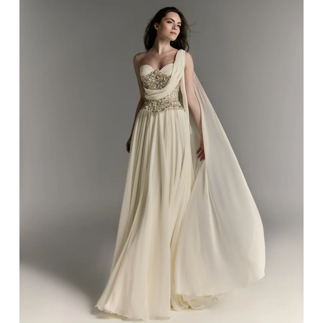 

Elegant Chiffon Flowy Evening Dresses Sequined Top Chic Prom Dress A Line Ruched Party Gown Gala Vestidos Customized