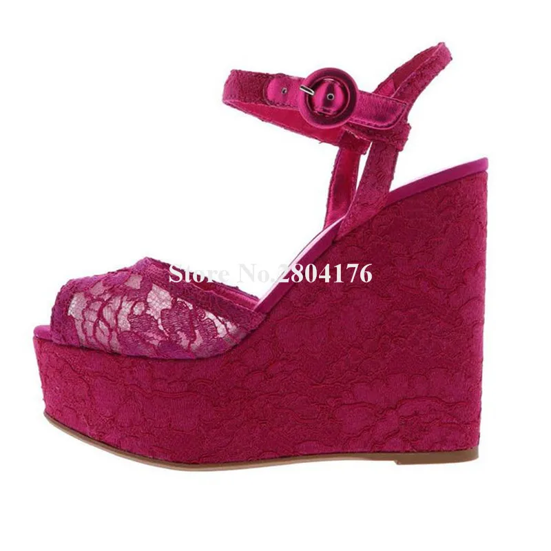 

Lace Wedge Sandals Newest Women Fashion Peep Toe Mesh Printed High Platform Wedding Shoes Red Blue Yellow Ankle Strap Wedges
