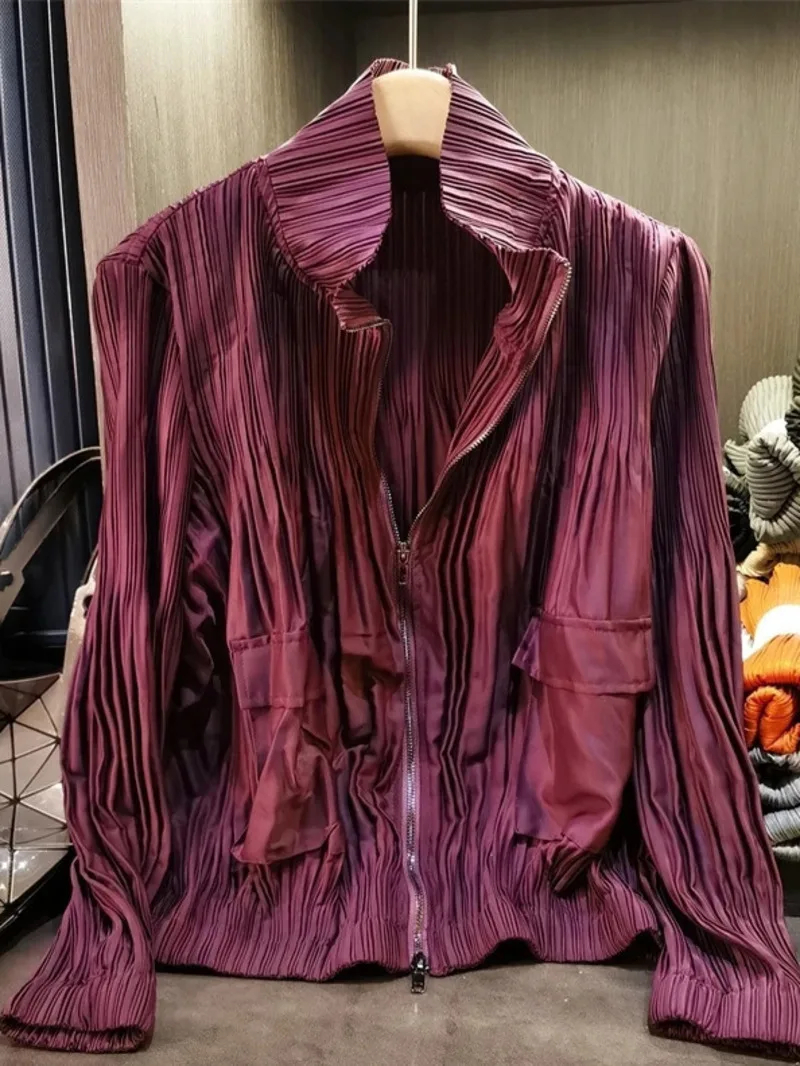 Zipper Fashion Double Casual Pleated Short Jacket For Women Autumn High-End Loose Long Sleeve Stand Collar Coat 2RP1B