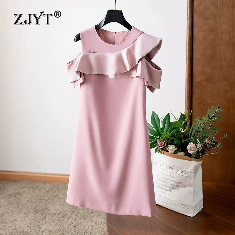 

ZJYT Summer Ruffles Patchwork Off The Shoulder Pink Dress for Women Elegant Fashion Sweet Party Dress 2025 New Designer Vestidos