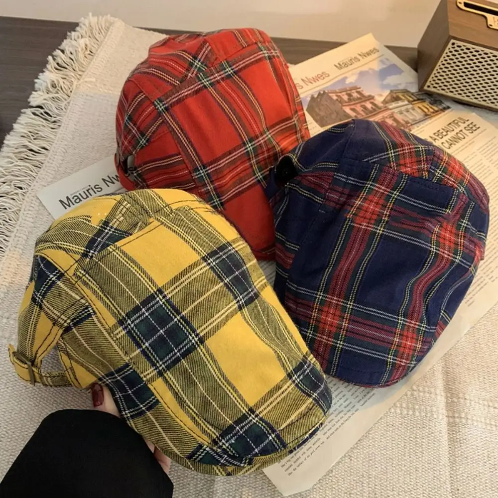 Simple Cotton Plaid Beret Cap Retro Short Brim Cloth Painter Cap Peaked Cap Sunshade Women Artist Hat Outdoor