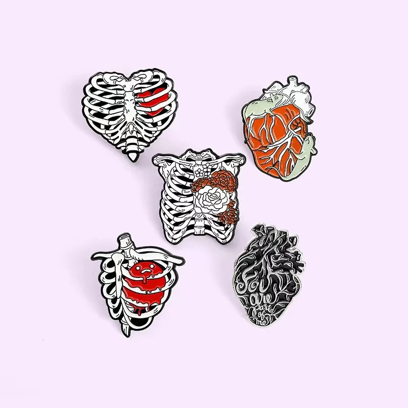 Drop Shipping The Heart Enamel Lapel Pins Flowers Anatomical Sternum Brooches Backpack Badges Jewely Gifts for Friend Wholesale