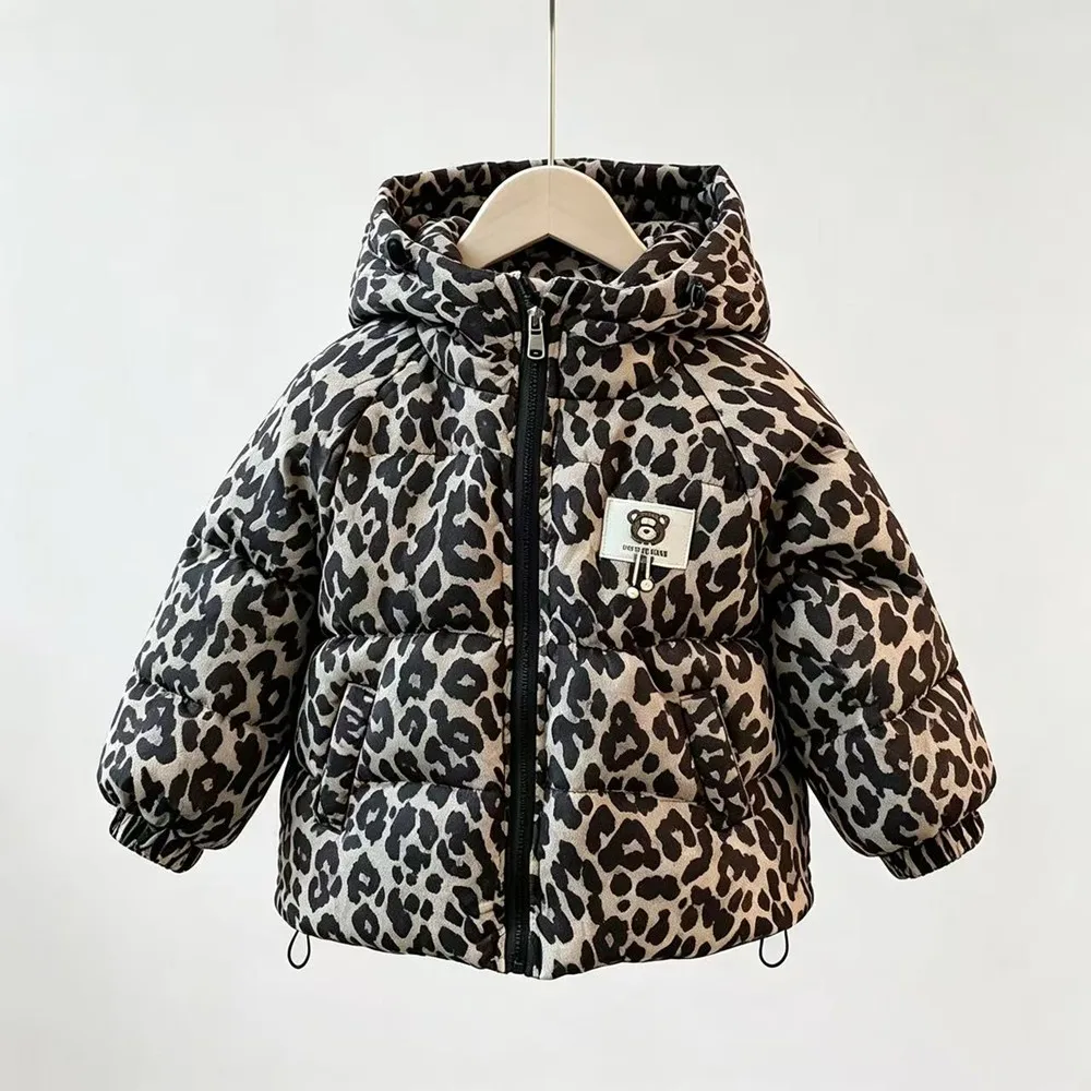 Kids Leopard Print Jacket Winter New Hooded Thick Warm Cotton Coat Boys Girls Down Padded Outerwear