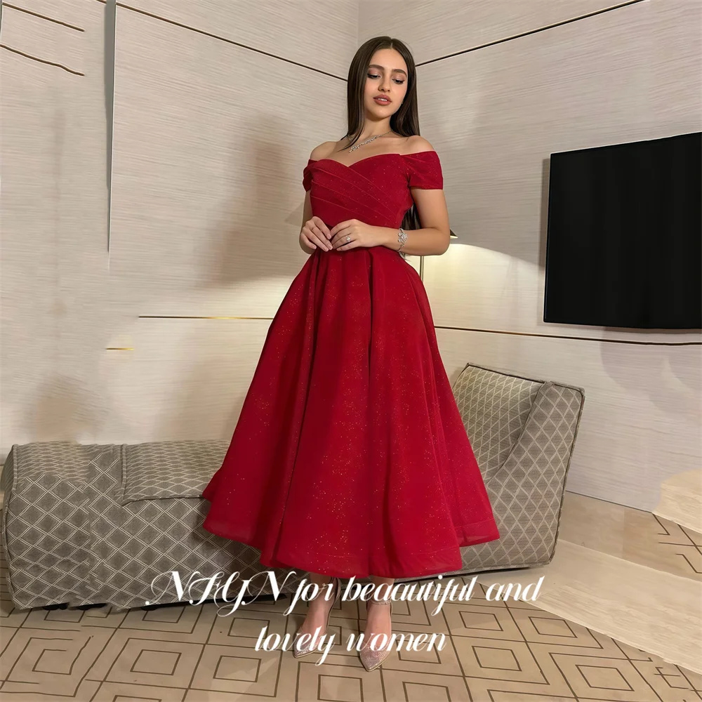 

NFYN Red Evening Gown Off Shoulder Prom Dresses A Line Ruched Wedding Evening Dresses Glitter Midi robes de soirée Customized