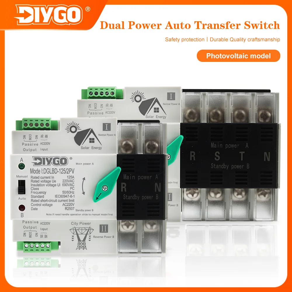 DIY GO Din Rail Dual Power Automatic Transfer Switch 2P 4P 110/220V PV Solar Inverter to Grid Uninterrupted Changeover Switch