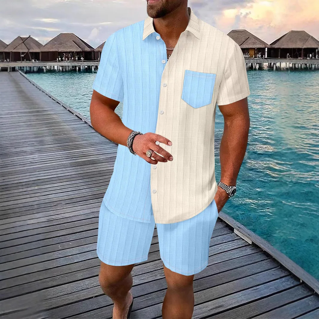

2025 Europe/America Men's Hawaiian Jacquard color blocked pocket short sleeve shirt+shorts Summer Male lapel shirt casual set