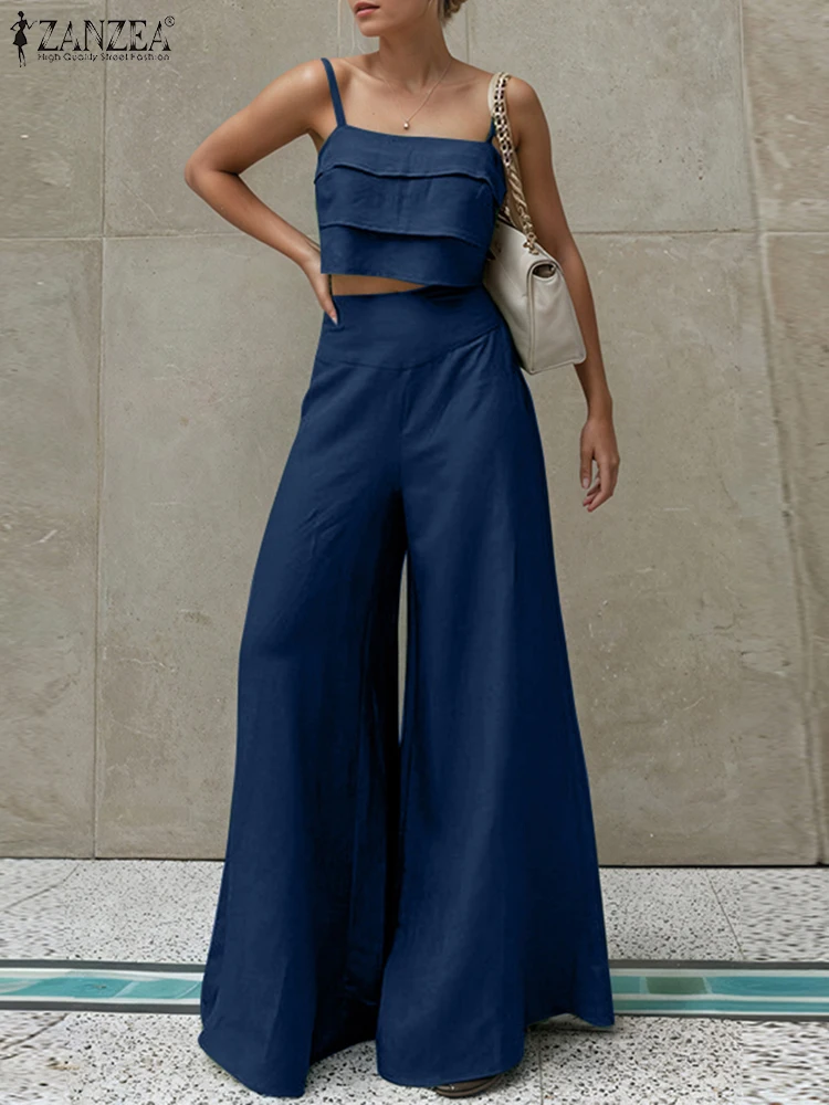 ZANZEA élégant femmes pantalons ensembles rétro sans manches débardeurs pantalons à jambes larges solide bureau dame costumes 2025 décontracté correspondant ensembles