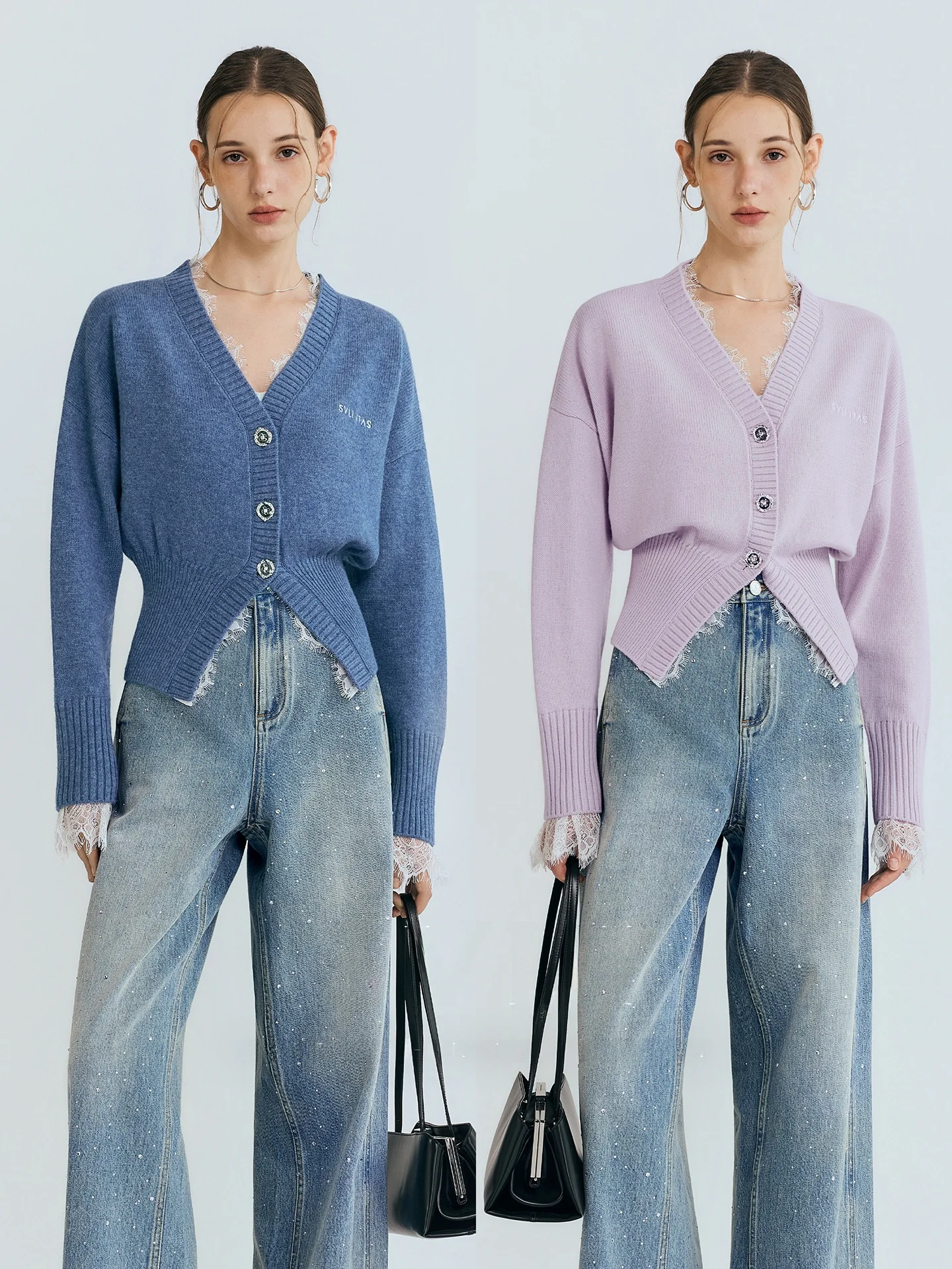 

Slimming Wool Blend Knitted Cardigan Versatile Lace Detail Long Sve Open Front Women's Regular Length Knitwear SVLI