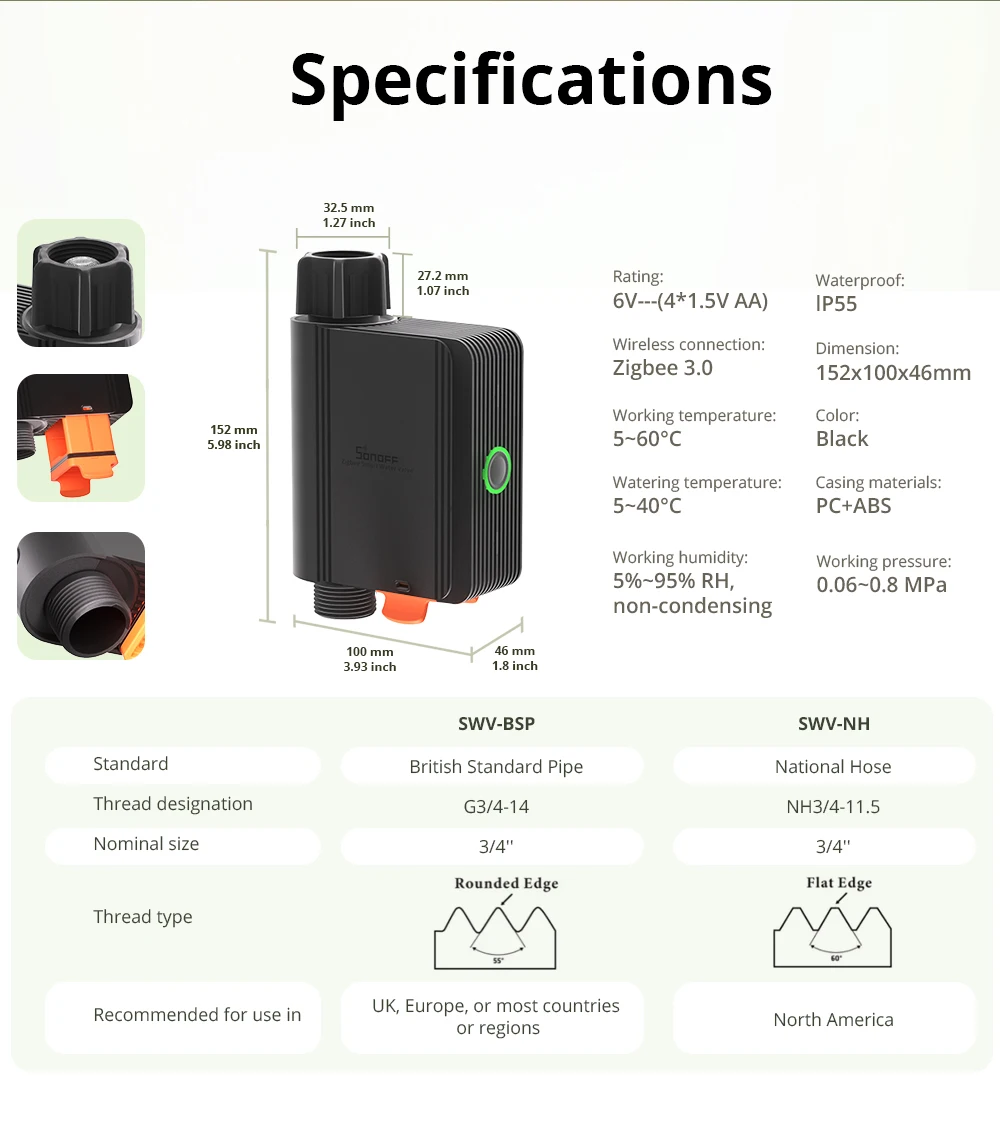 1–2 Stück SONOFF SWV-BSP Zigbee3.0 intelligentes Wasserventil, IP55, automatisches Bewässerungssystem, geeignet für Großbritannien, Europa oder die meisten Länder – Detail 18